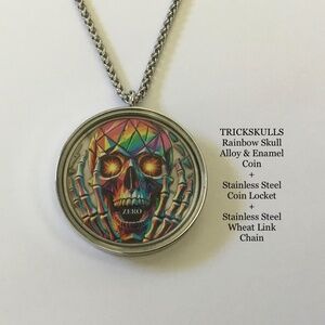 Colorful Skull Alloy & Enamel Coin + Stainless & Glass Locket + Custom Chain